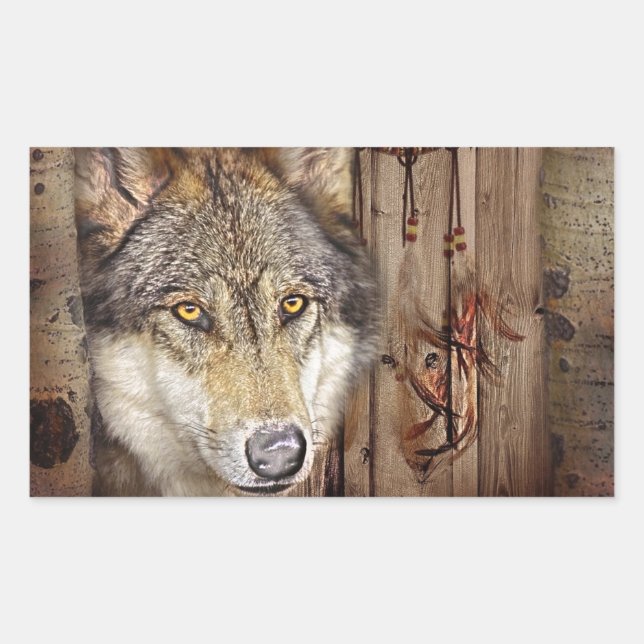 Western dream catcher  native american indian wolf rectangular sticker (Front)