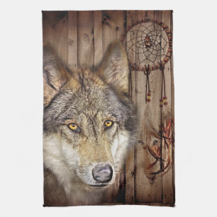 Western dream catcher native american indian wolf tea towel
