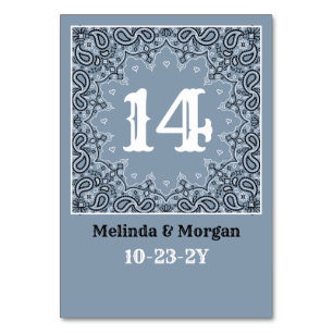 Western Dusty Blue Bandanna Personalised Wedding Table Number