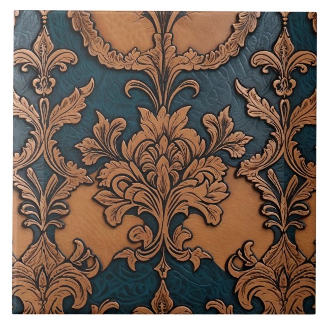 Western Embossed Leather Tan Denim Blue Ceramic Tile (Front)