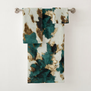 Western Emerald Gold White Cowhide Bath Towel Set