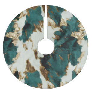 Western Emerald Gold White Cowhide  Brushed Polyester Tree Skirt