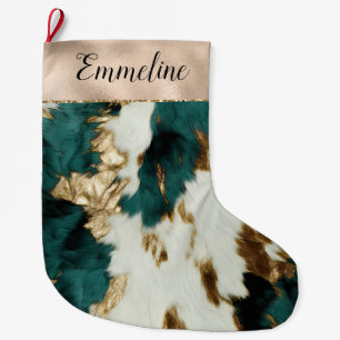 Western Emerald Gold White Cowhide Large Christmas Stocking