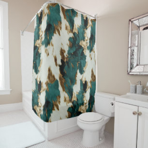 Western Emerald Gold White Cowhide  Shower Curtain
