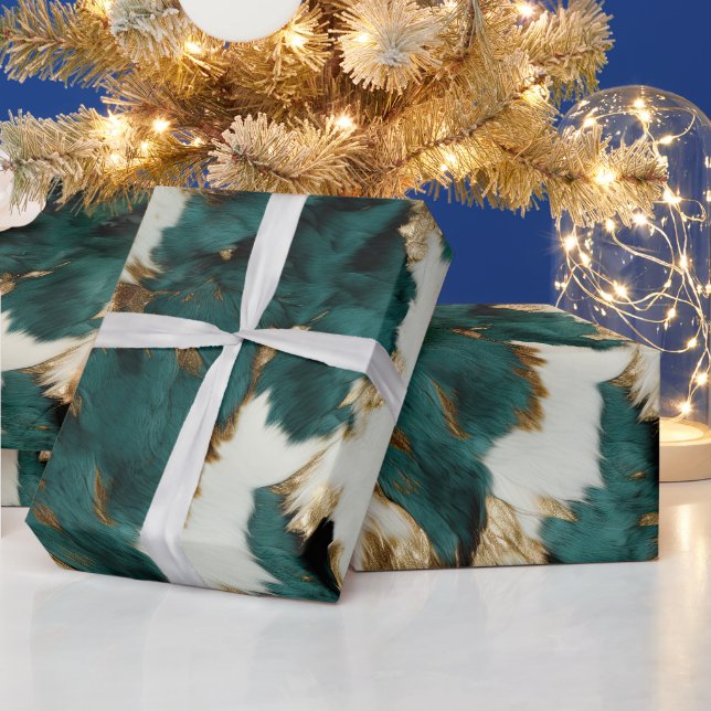 Western Emerald Gold White Cowhide  Wrapping Paper (Holidays)