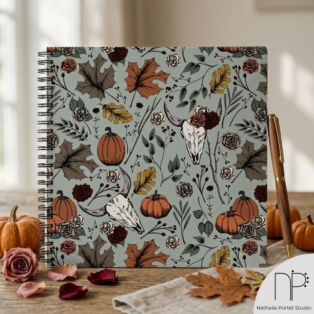 Western Fall Harvest Cow Skull Notebook (Hand drawn western fall harvest and cow skull ink art notebook for sketching or daily journaling)