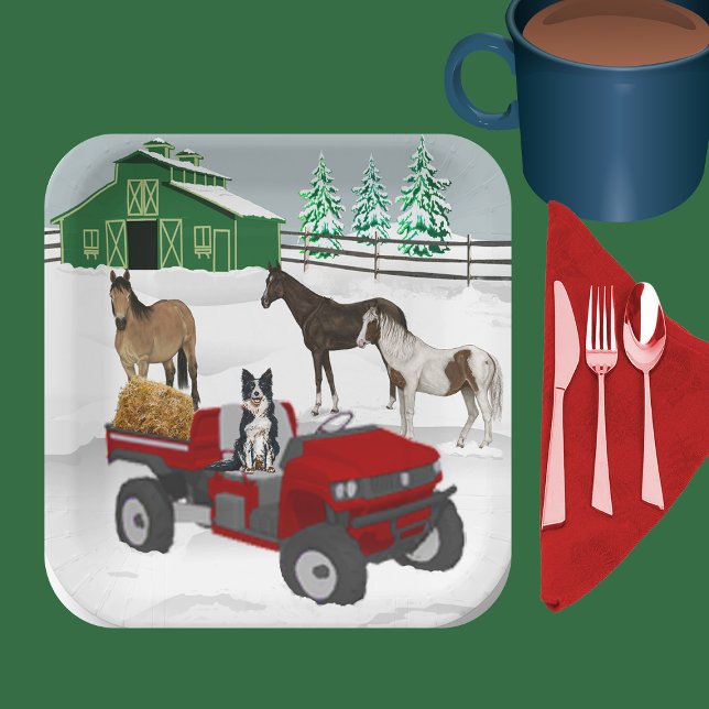 Western Farm Horse Ranch Red ATV Dog and Barn Paper Plate (Creator Uploaded)