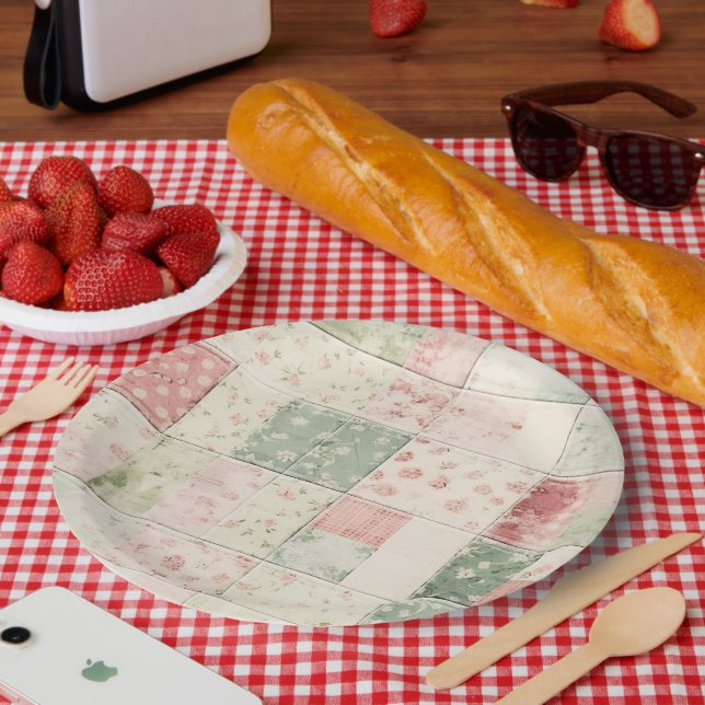 Western Farm Mint Pink Floral Quilt Patterns Paper Plate (Picnic)