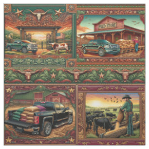 Western Farm Ranch Scenes Faux Leather Print Fabric