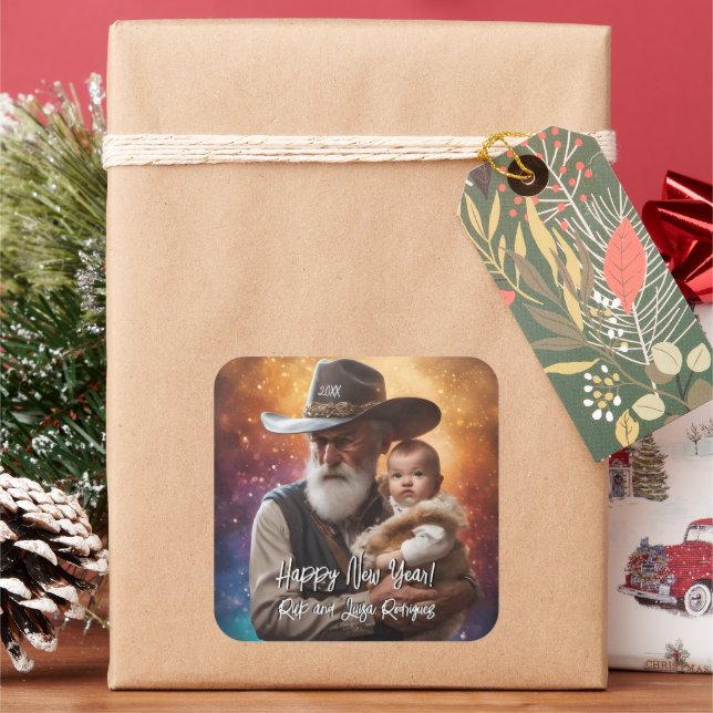 Western Father Time and Baby New Year Square Sticker (Holiday)