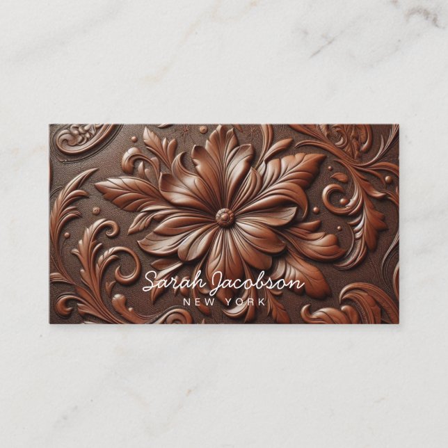 Western Faux Brown Leather Tooled Business Card (Front)