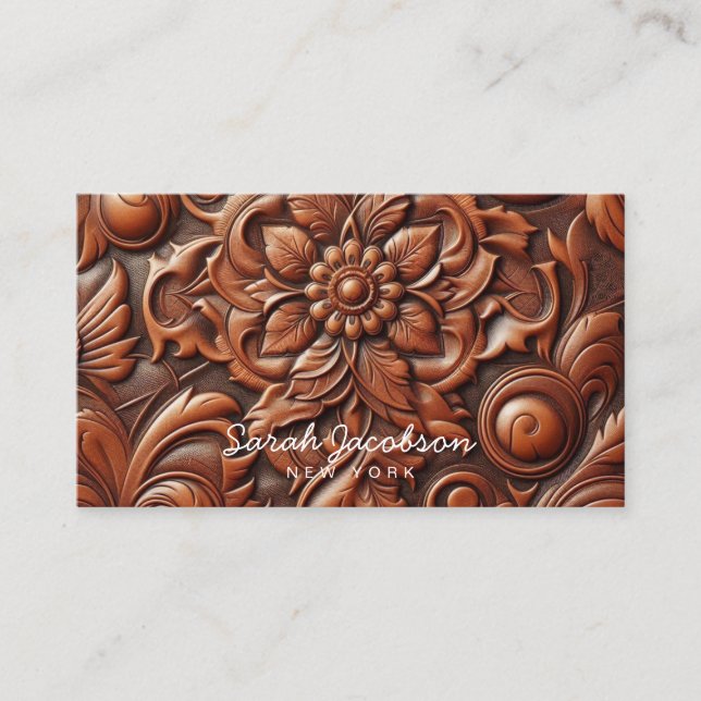 Western Faux Brown Leather Tooled Business Card (Front)
