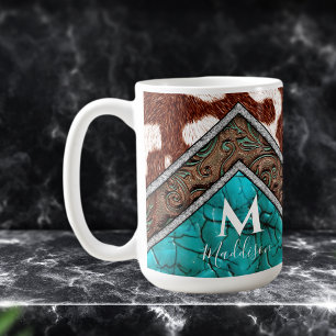 Western Faux Leather Turquoise Mix Monogram Coffee Mug