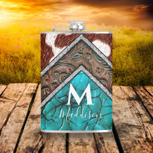 Western Faux Leather Turquoise Mix Monogram Hip Flask