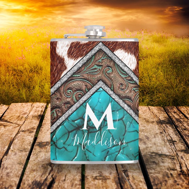 Western Faux Leather Turquoise Mix Monogram Hip Flask (Creator Uploaded)