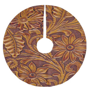 Western Faux Tooled Leather Print Brown 2 Brushed Polyester Tree Skirt