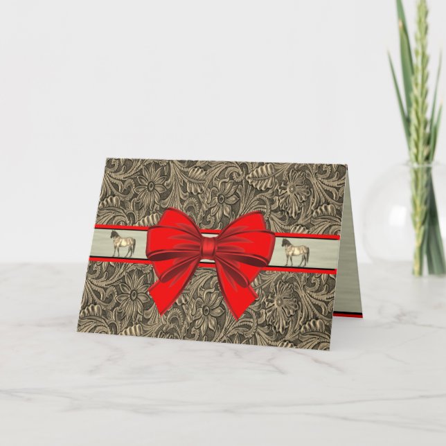 Western Faux Tooled Leather Print Christmas Card (Front)