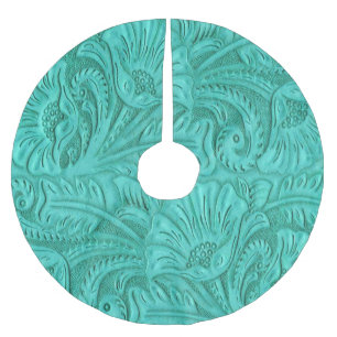 Western Faux Tooled Leather Print Turquoise Brushed Polyester Tree Skirt