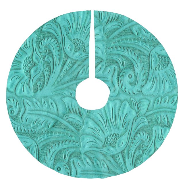 Western Faux Tooled Leather Print Turquoise Brushed Polyester Tree Skirt (Front)