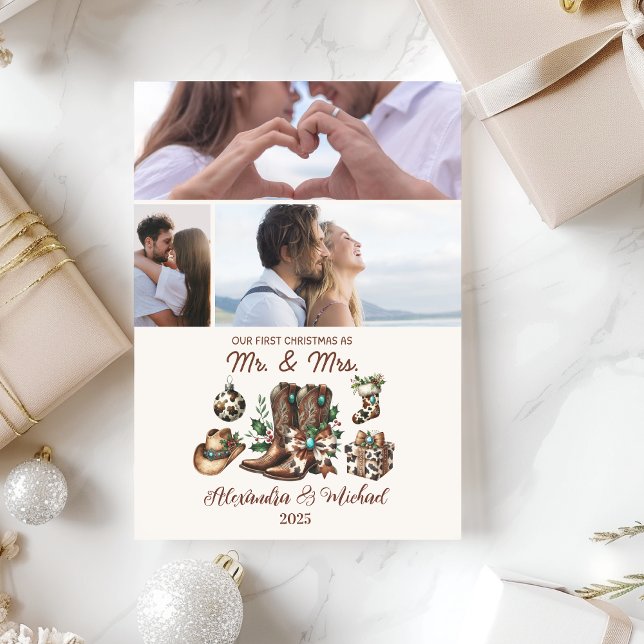 Western First Christmas As Mrs and Mr 3 Photo  Holiday Card (Creator Uploaded)