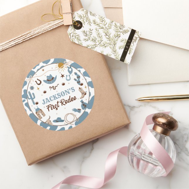 Western First Rodeo Boy 1st Birthday Blue Classic Round Sticker (Gifting)