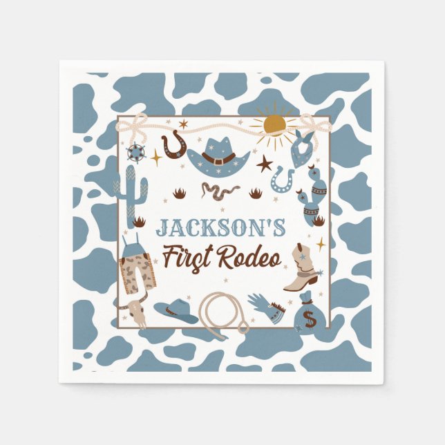 Western First Rodeo Boy 1st Birthday Blue Napkin (Front)