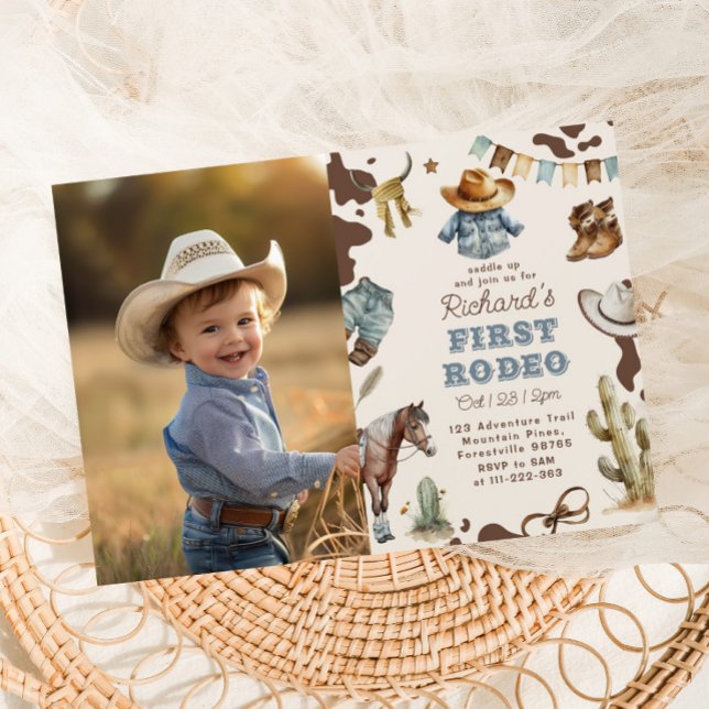 Western First Rodeo Boy 1st birthday photo Invitation (Creator Uploaded)