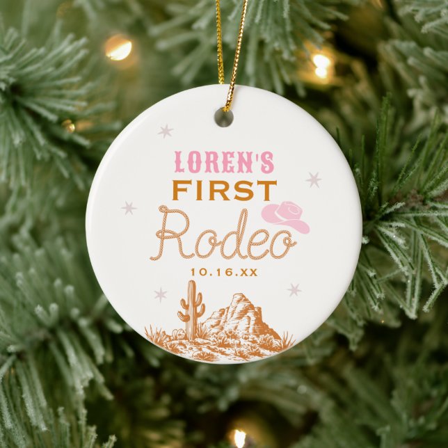 Western First Rodeo Cowgirl 1st Birthday Ceramic Ornament (Tree)