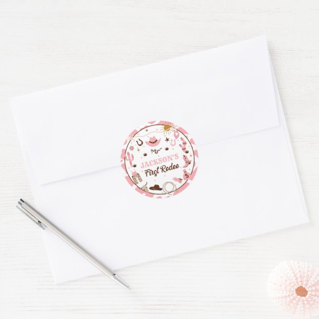 Western First Rodeo Girl 1st Birthday Pink Classic Round Sticker (Envelope)