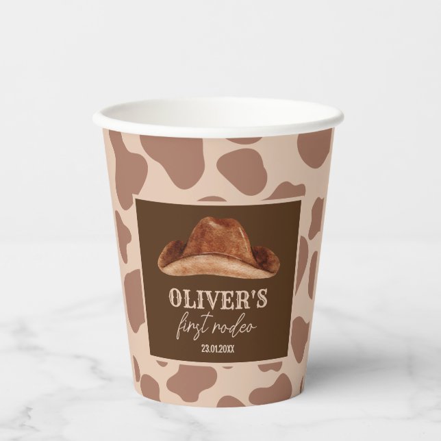 Western First Rodeo Wild West Cowboy 1st Birthday Paper Cups (Front)
