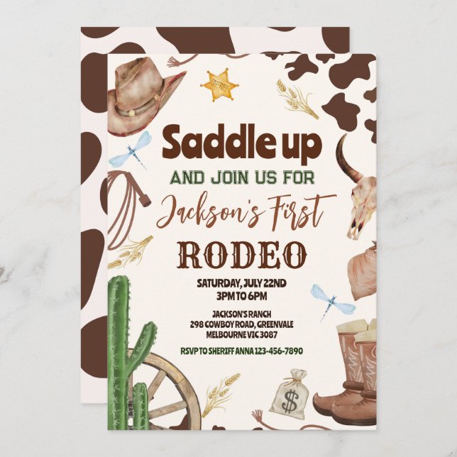 Western First Rodeo Wild West Cowboy Birhday Invitation (Front/Back)