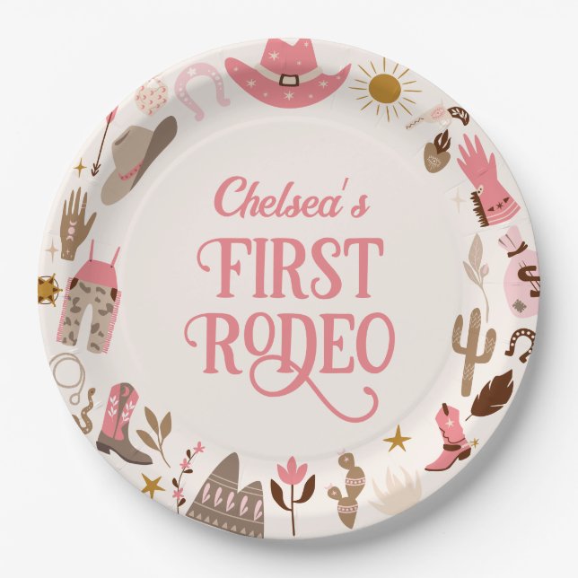 Western First Rodeo Wild West Cowboy Pink Birthday Paper Plate (Front)