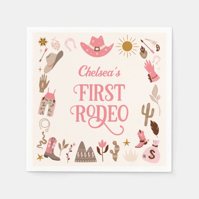 Western First Rodeo Wildwest Cowgirl Pink Birthday Napkin (Front)