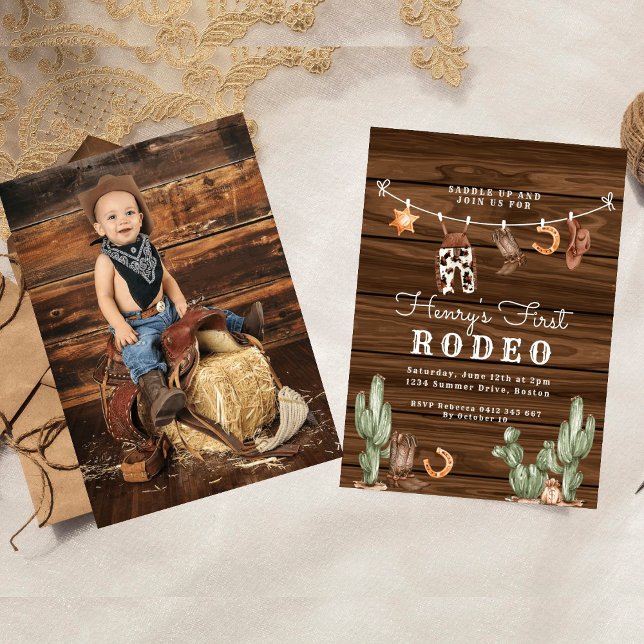 Western First Rodeo wood photo Cowboy Birthday Invitation (Creator Uploaded)