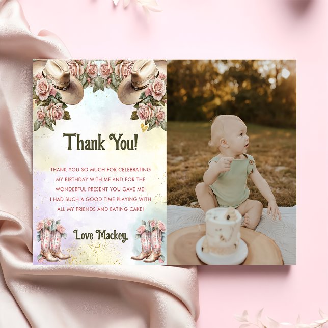 Western Floral Birthday Photo Thank You Card (Creator Uploaded)