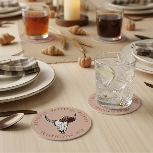 Western Floral Cow Skull Vintage Rose Thanksgiving Round Paper Coaster