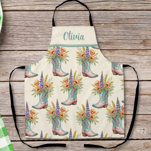 Western Floral Cowboy Boot Teal & Pink Apron