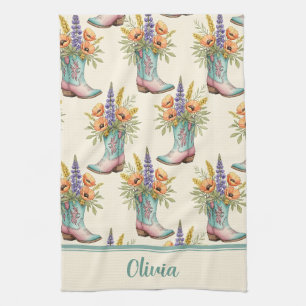 Western Floral Cowboy Boot Teal & Pink Tea Towel