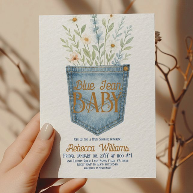 Western Floral Denim Boy Blue Jean Baby Shower Invitation (Creator Uploaded)