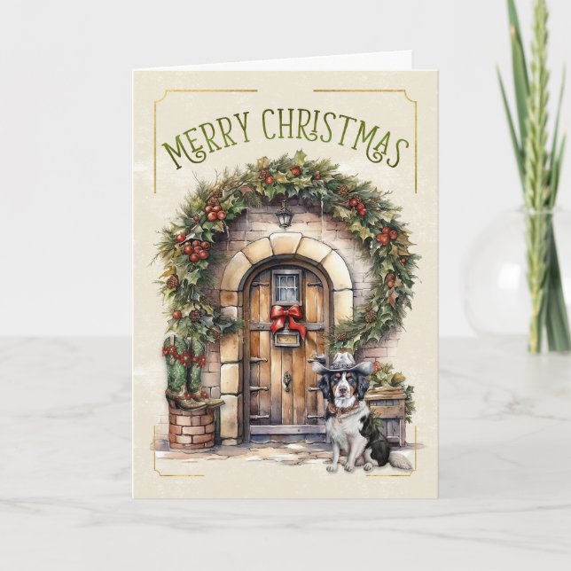 Western Front Door and Dog Cowboy Christmas Holiday Card (Front)