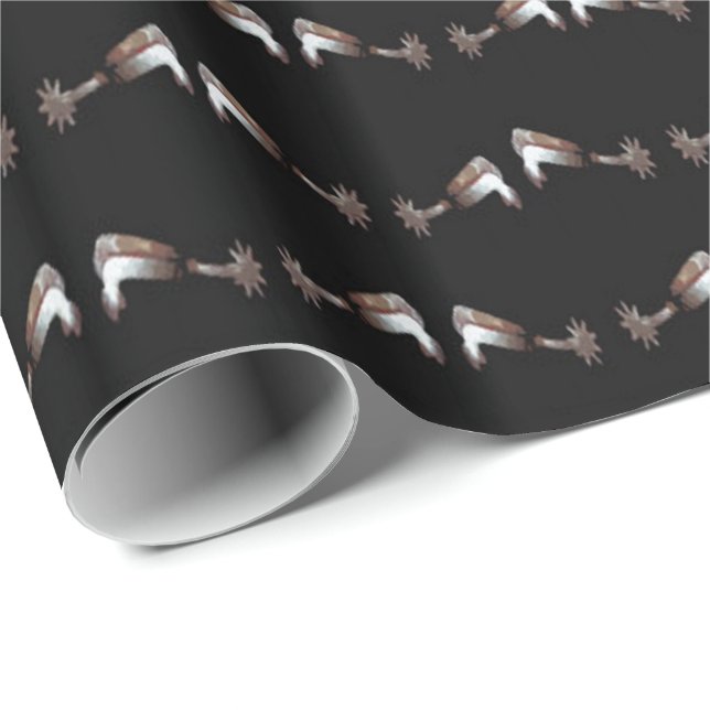 Western Gift Wrap Silver Spurs on Black (Roll Corner)