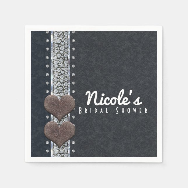 Western Glam Black Leather & Diamonds Bling Party Napkin (Front)