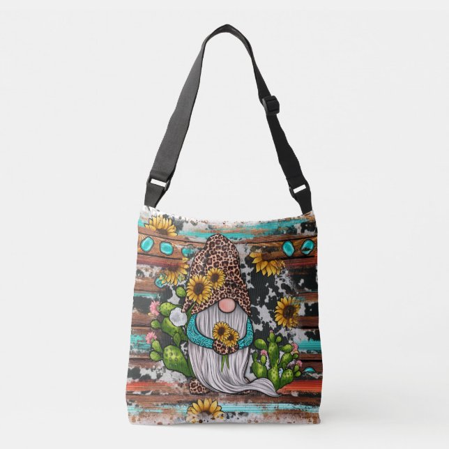Western Gnome Sunflowers Turquoise Stones Crossbody Bag (Front)