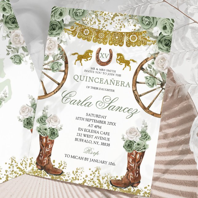 Western Gold and Sage Green Charra 15 Años Invitation (Creator Uploaded)