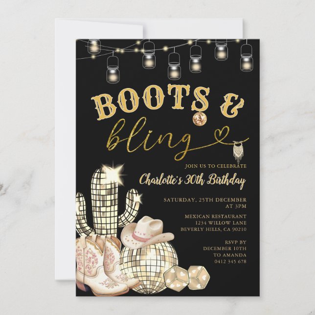 Western Gold Boots & Bling Cowgirl Cactus Birthday Invitation (Front)