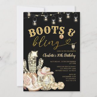 Western Gold Boots & Bling Cowgirl Cactus Birthday Invitation