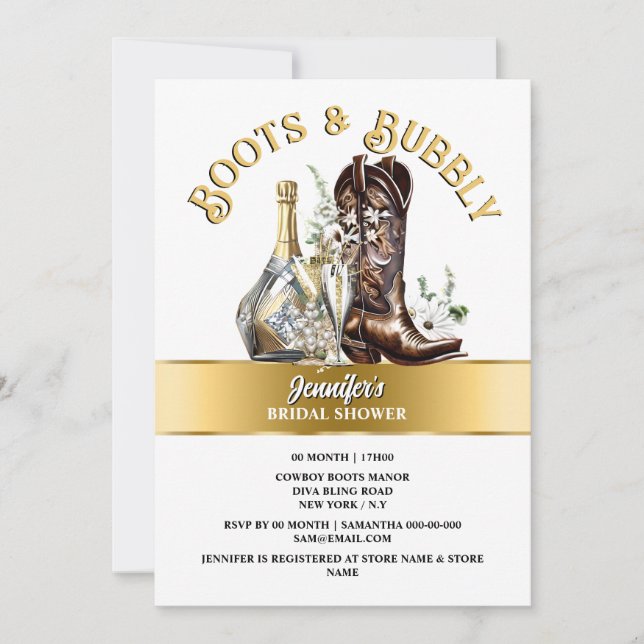 Western gold cowboy boot floral bubbly summer chic invitation (Front)