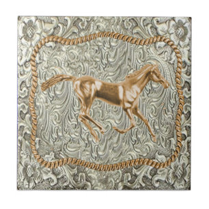 Western Gold Horse Belt Buckle Ceramic Tile