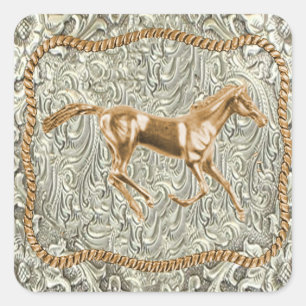 Western Gold Horse Belt Buckle Square Sticker