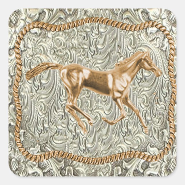 Western Gold Horse Belt Buckle Square Sticker (Front)